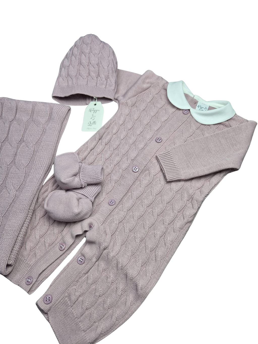 Coordinato treccia Pappa&Latte in Lana prima uscita - scegli il tuo colore