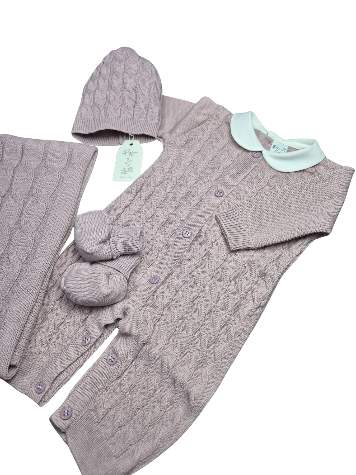 Coordinato treccia Pappa&Latte in Lana prima uscita - scegli il tuo colore