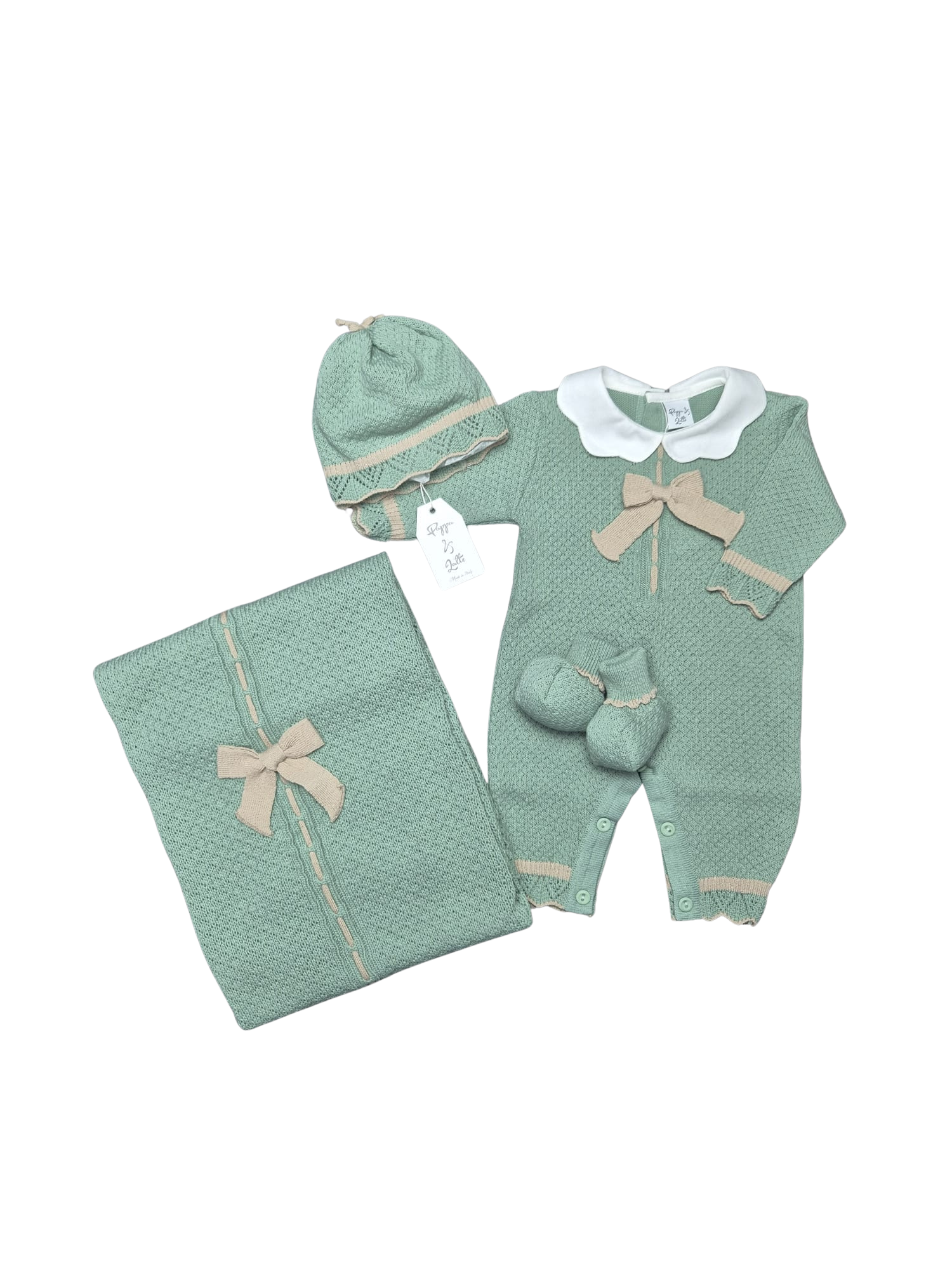 Coordinato Pappa&Latte in Lana Verde/Corda prima uscita
