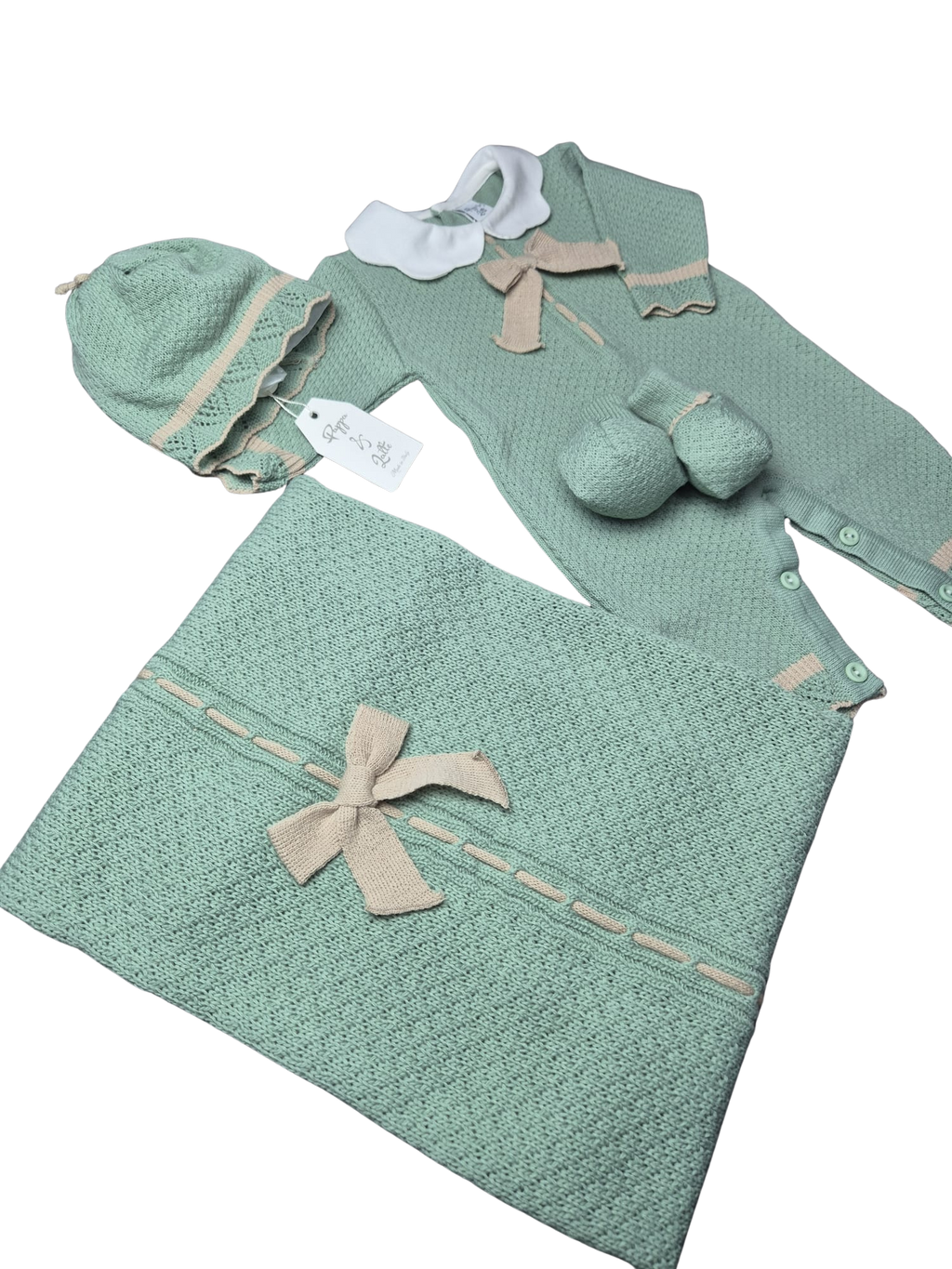 Coordinato Pappa&Latte in Lana Verde/Corda prima uscita