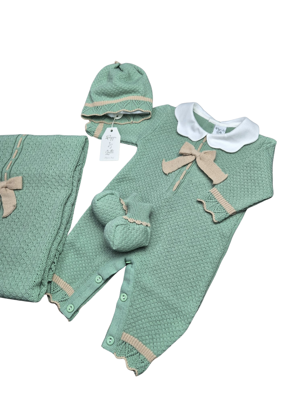 Coordinato Pappa&Latte in Lana Verde/Corda prima uscita