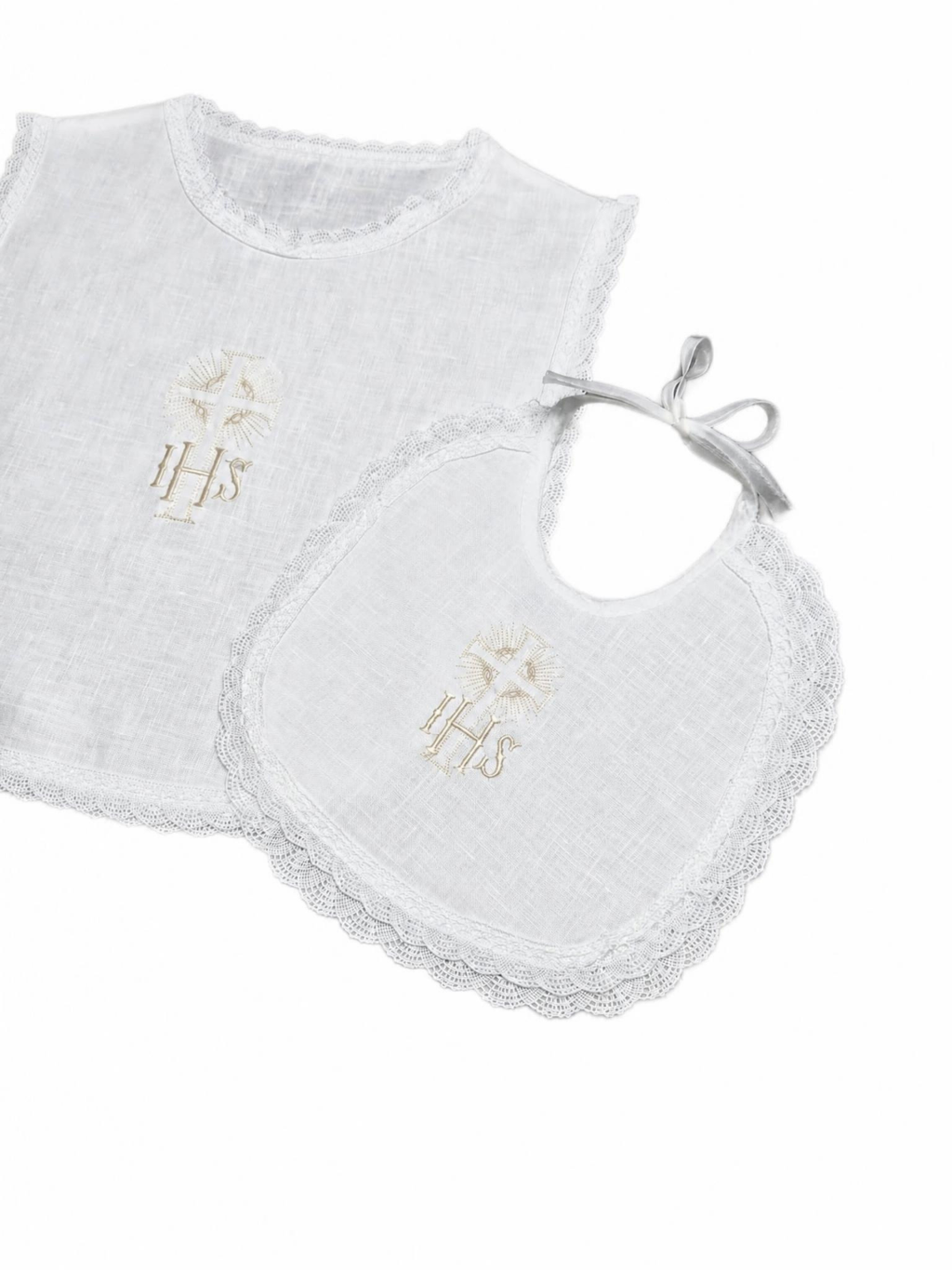 Set Battesimo Camicino e Bavetta in Lino - Bianco
